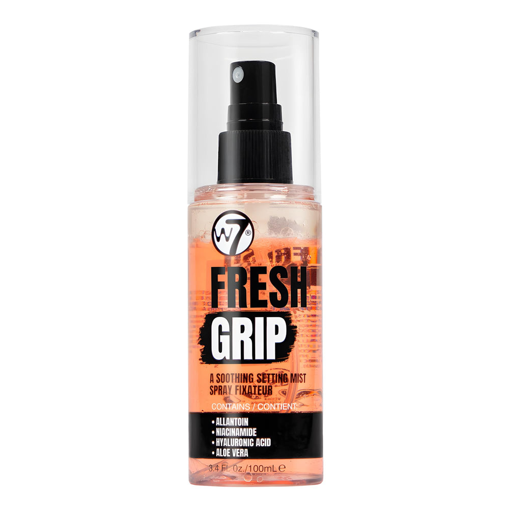 W7 Fresh Grip spray en envase hidratante para base de maquillaje suave.