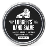 Walrus Oil Logger Hand Salve con envase compacto de 2 oz para uso diario.