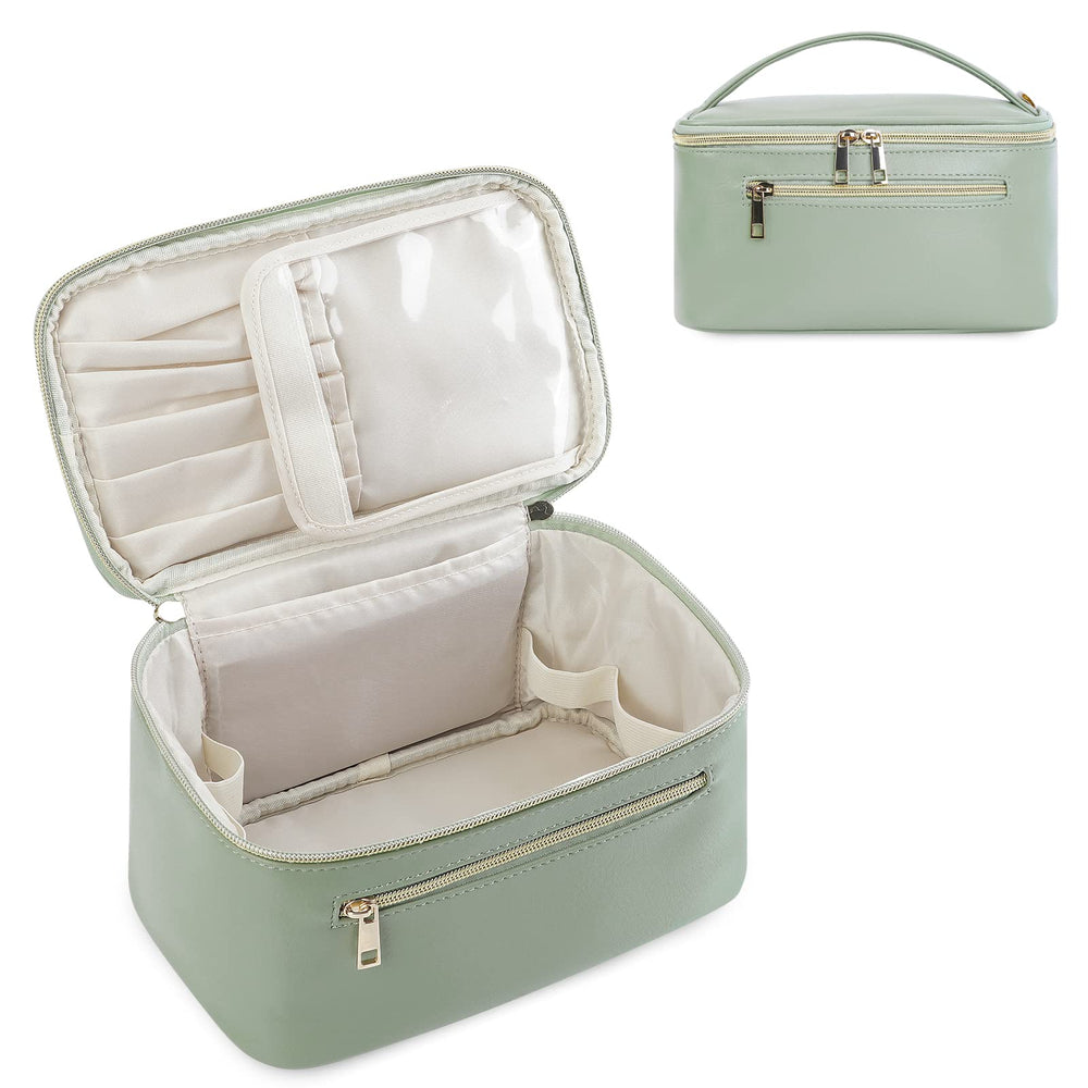 Wandering Nature Bolso de maquillaje verde salvia, vista frontal, ideal para viajes.