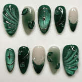 Uñas prensadas WBRRFJJ verde oscuro, acabado francés, brillo duradero para diario.