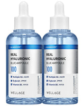 Wellage Real Hialuronica: ampolla azul y botella para hidratación profunda diaria.