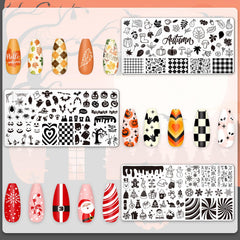 Whaline placas de uñas con hojas de arce y copos de nieve para temporada fría.