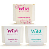 Desodorante Wild recargable en pack de variedad, reduce residuos y facilita reemplazo.