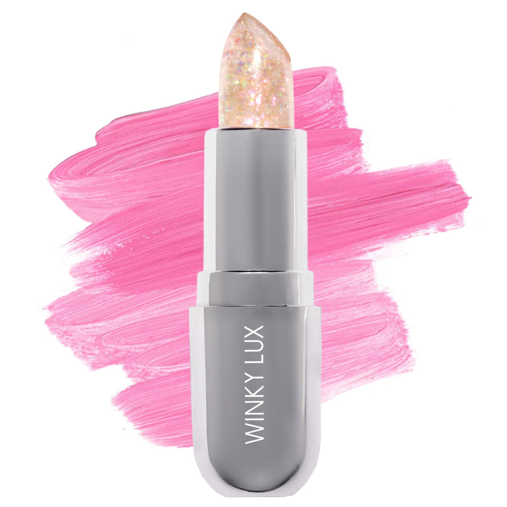 Bálsamo Winky Lux Rainbow Glitter Confetti con brillo sutil realzando rosa natural