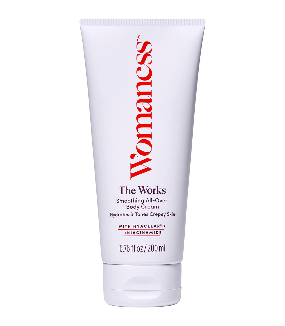 crema corporal tonificante de Womaness The Works en envase, hidratación profunda para piel seca