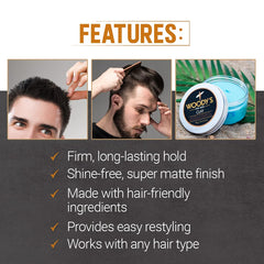 Woodys arcilla para cabello, aplicación fácil y rápida.