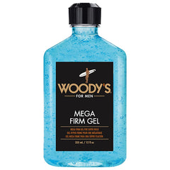 Woodys Mega Firm Gel – botella para fijación fuerte y control duradero del peinado.