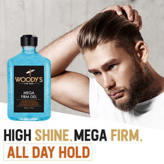 Peinado clásico con Woodys Mega Firm Gel y fijación estable.