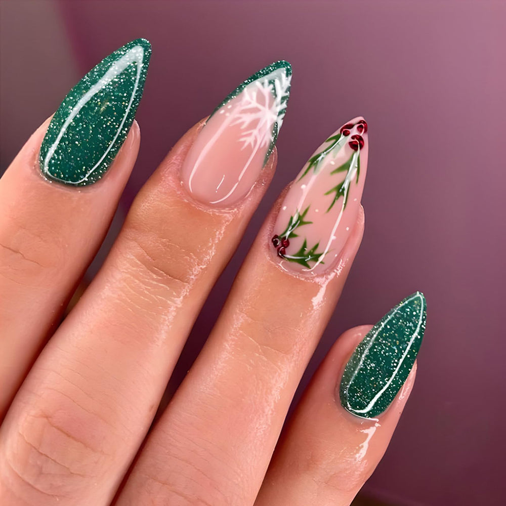 Uñas WULIUFLY Navidad con glitter verde y almendra, ideal para fiestas.