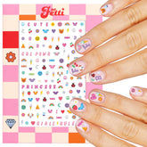 Pegatinas xo, Fetti para uñas infantiles con cuatro láminas y diseños vibrantes.