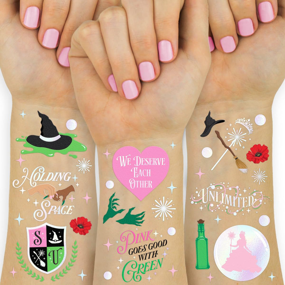 Tatuajes xo Fetti de bruja rosa y verde con acabado iridiscente para fiestas.
