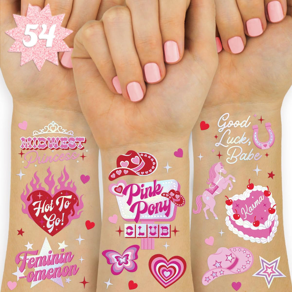 Tatuaje temporal xo Fetti pony rosa con brillo iridiscente para brillar en eventos.