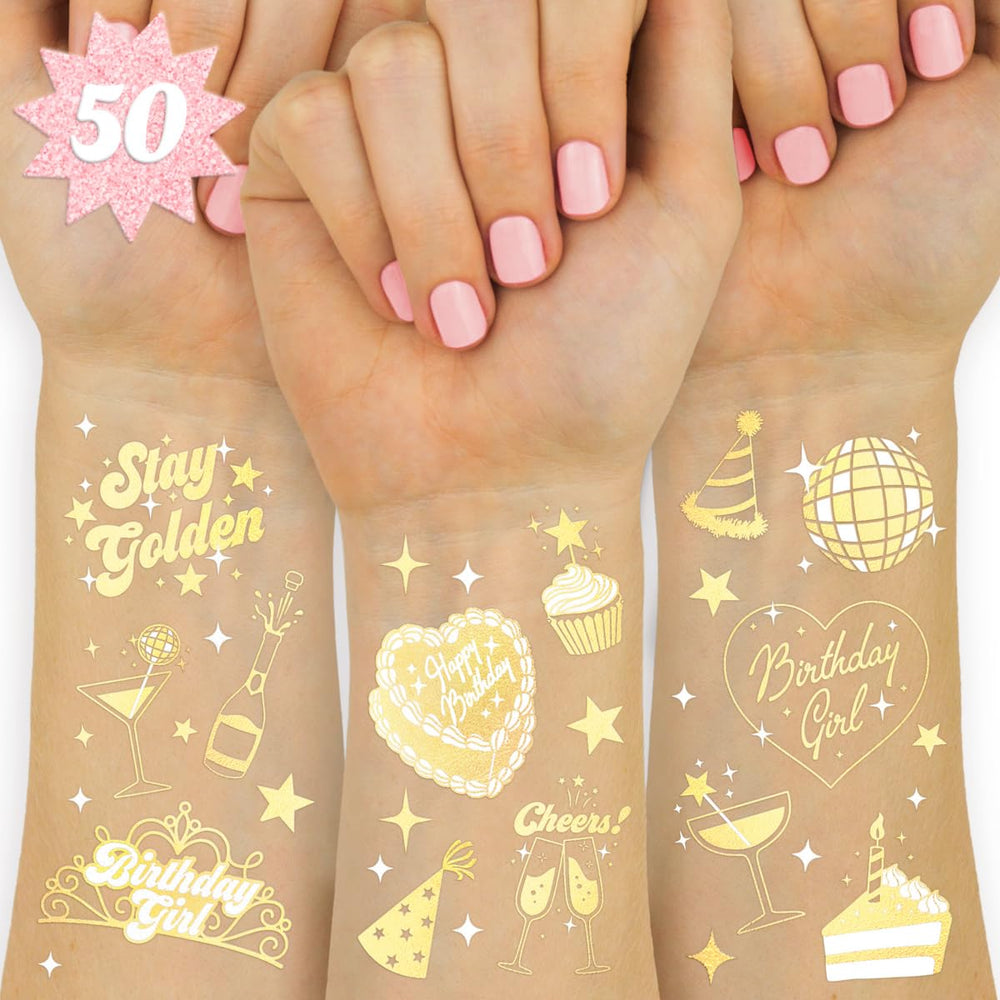 Tatuajes temporales XO Fetti en oro para cumpleaños, decoran la fiesta con brillo.