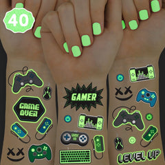 Tatuajes xo Fetti de videojuegos con brillo en la oscuridad para fiestas temáticas.