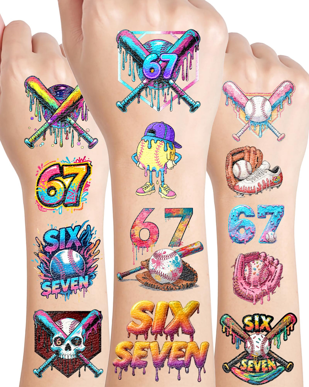 Tatuajes YanZonic drip de béisbol rosados para fiestas divertidas.