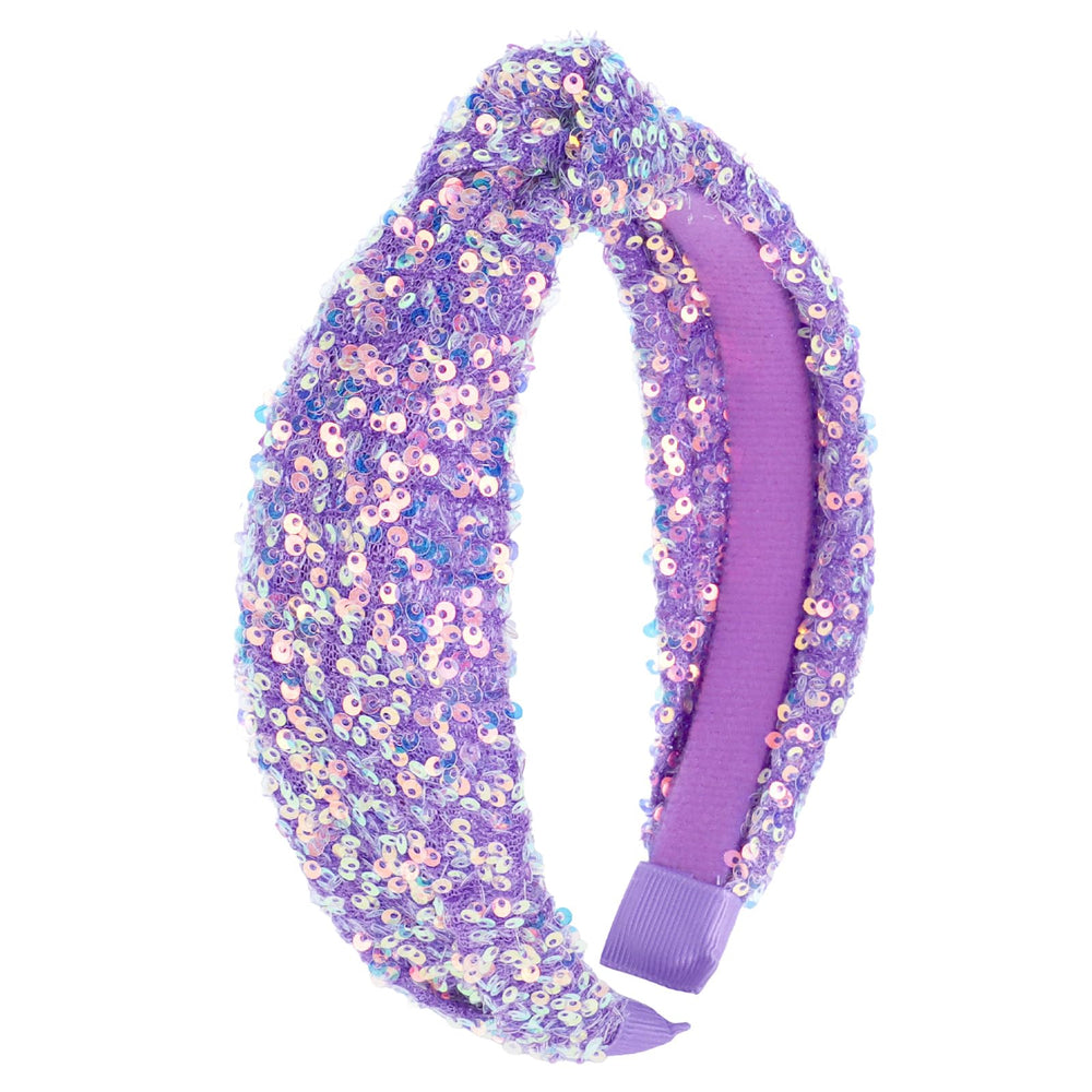Diadema YARIEW con nudo y lentejuelas púrpuras en primer plano, opción elegante.