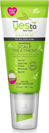 Yes To Tea Tree Scalp Treatment, bote y aplicador para aplicación precisa y limpieza del cuero cabelludo.