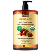 Yoken Aceite de Jojoba Puro en botella ámbar de 16 oz para cuidado diario.