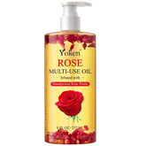 Yoken aceite multiusos para cuerpo con pétalos de rosa, hidratación suave y aroma floral.