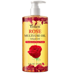Yoken aceite multiusos para cuerpo con pétalos de rosa, hidratación suave y aroma floral.