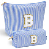 Bolso de maquillaje YOOLIFE con inicial en chenille azul, almacenamiento práctico para regalos.