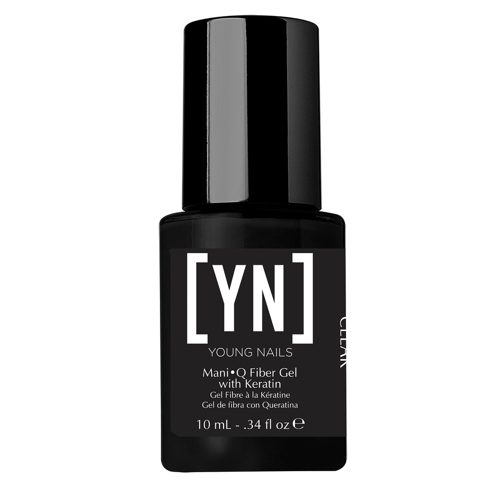 Young Nails ManiQ Fiber Gel Keratin bottle for salon-grade natural nails and strong adhesion.