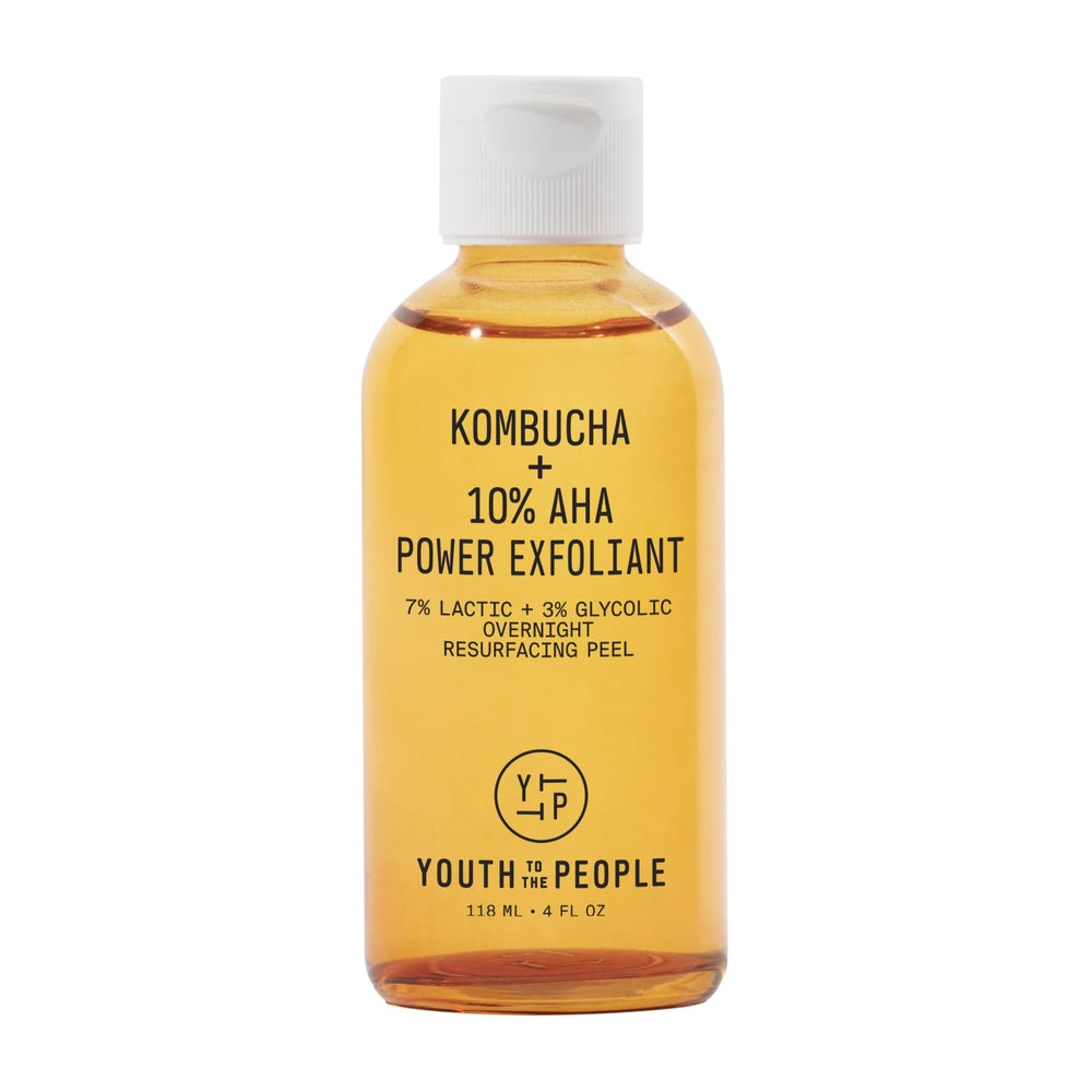 Youth To The People Kombucha + 10% AHA Toner, botella elegante para uso nocturno que suaviza la textura.