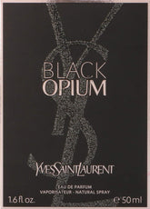Yves Saint Laurent Black Opium, botella frontal, aroma seductor para noche especial.