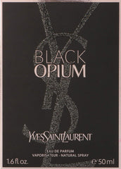 Yves Saint Laurent Black Opium, botella frontal, aroma seductor para noche especial.