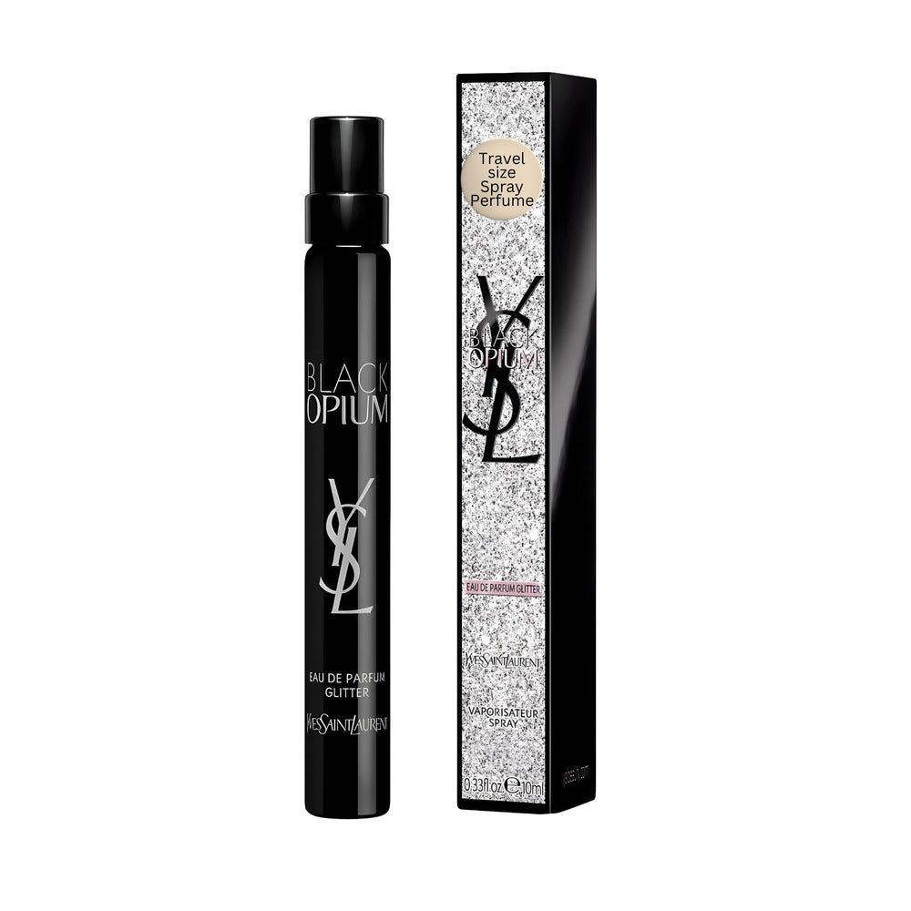 YSL Black Opium Glitter bottle closeup showing festive glitter finish.