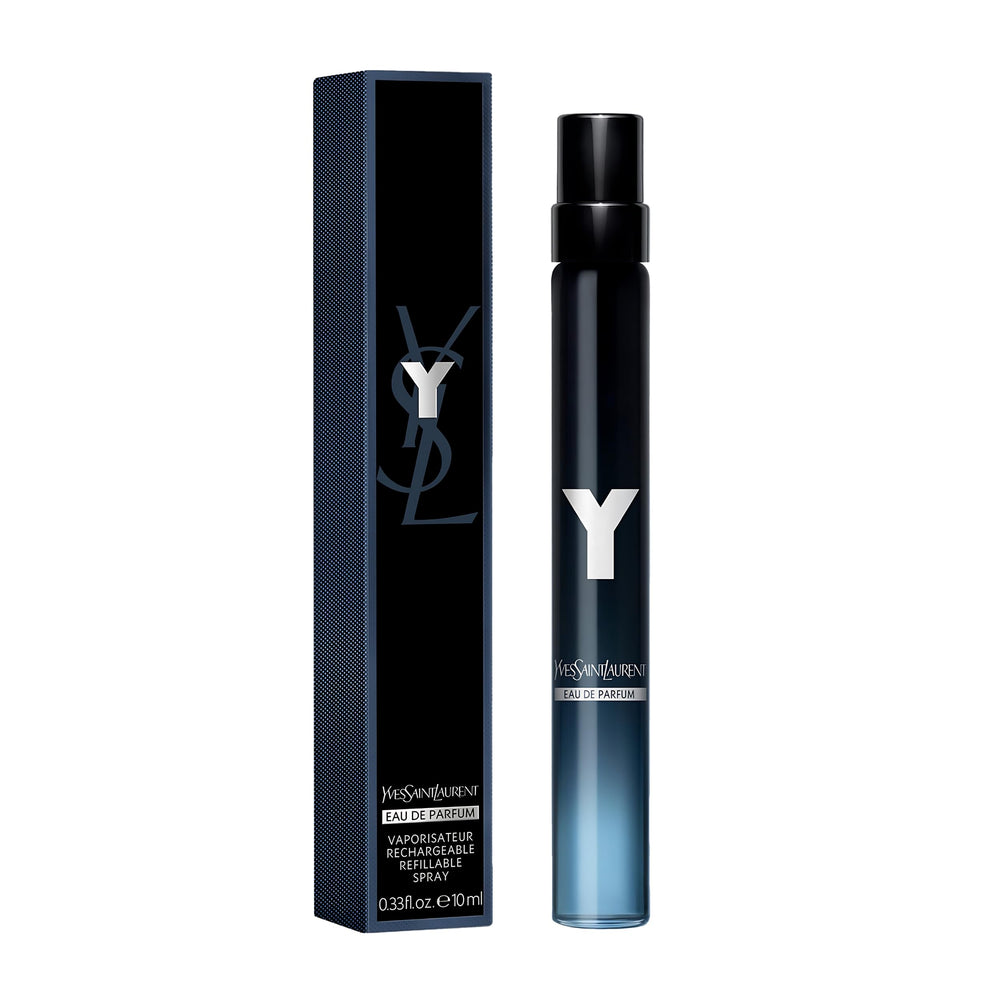 Yves Saint Laurent Y mini EDP bottle close-up, travel-friendly option for on the go