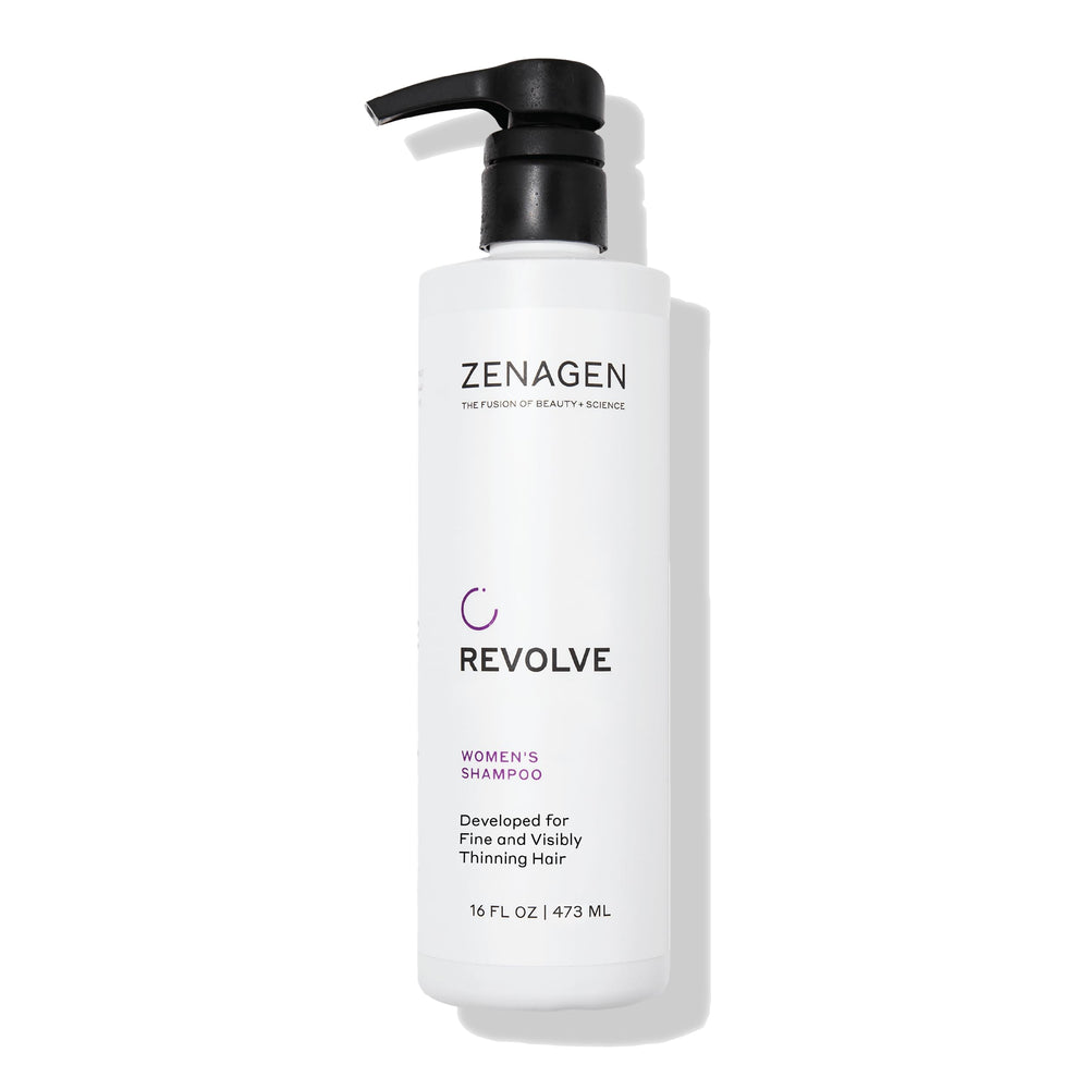 Zenagen Revolve – bouteille de shampooing montrant le packaging, soin capillaire pour cheveux fins.