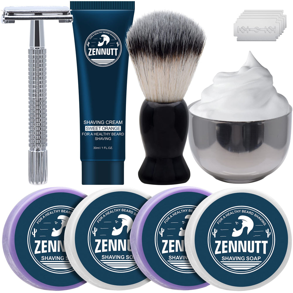 Kit ZENNUTT con 4 jabones de afeitado para uso prolongado.