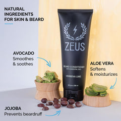 Etiqueta frontal de ZEUS Acondicionador para barba, ideal para suavidad diaria.