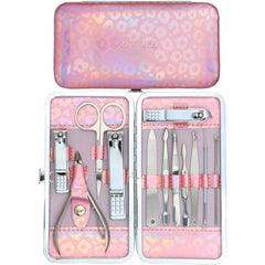Conjunto ZIZZON para manicura y pedicura con estuche holográfico rosa, ideal para viaje.