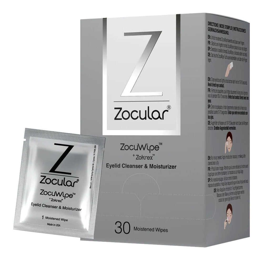 Zocular ZocuWipe: empaque de 30 toallitas para párpados, ideal para higiene diaria suave.