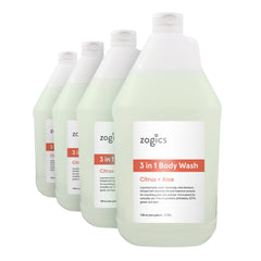 Zogics 3-en-1 gel limpia cuerpo, cabello y manos con aroma cítrico.