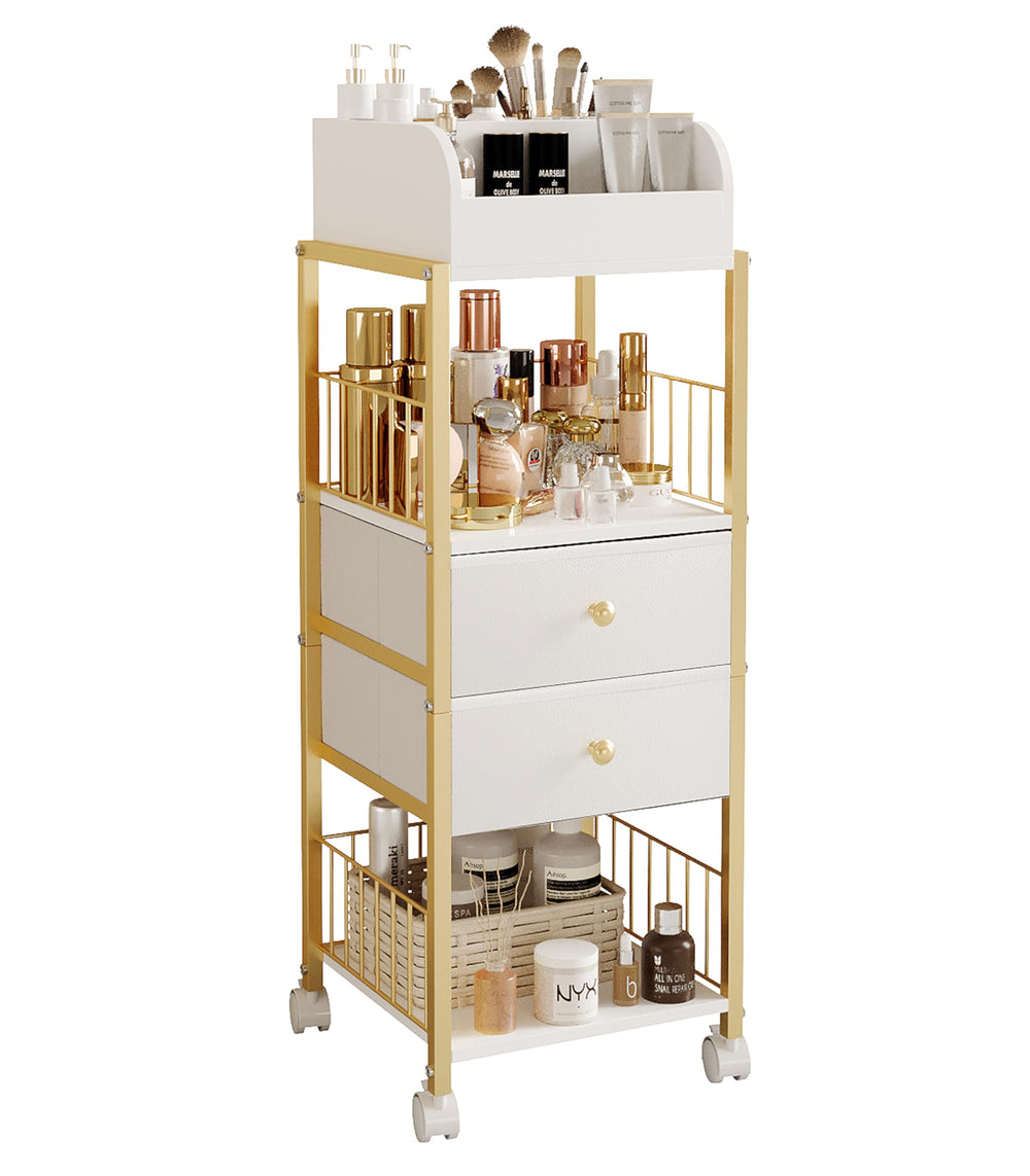 Carrito dorado de ZQUYAJ para maquillaje, organiza cosméticos con estilo.