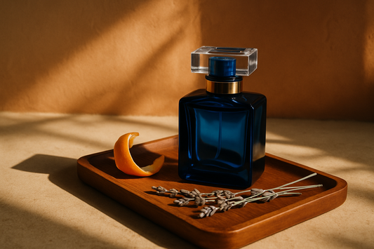 Perfume en frasco azul con cítricos y lavanda