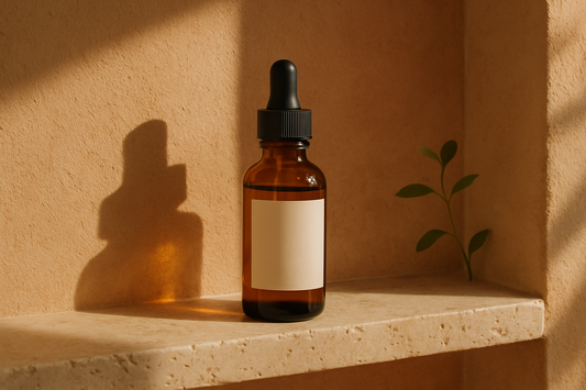 Sérum despigmentante en frasco ámbar sobre repisa de baño