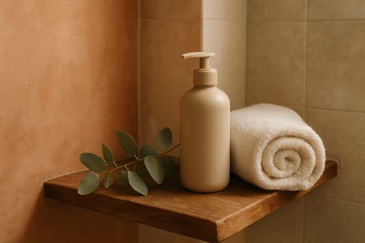 Shampoo fortalecedor en repisa de regadera con eucalipto
