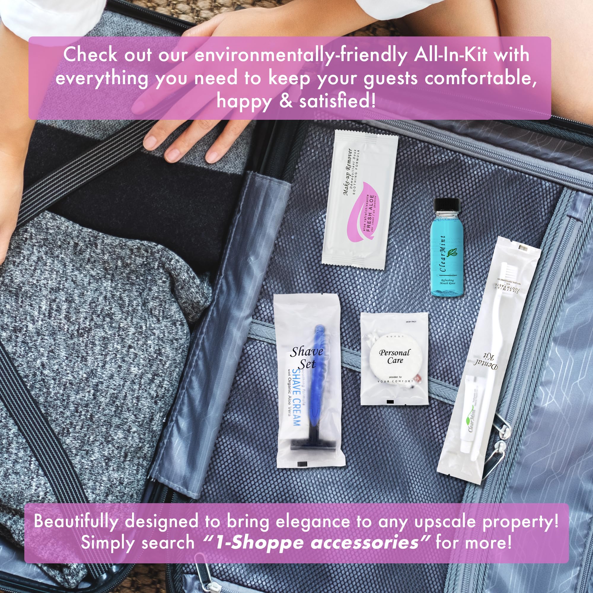 1-Shoppe All-in-Kit desmaquillante Aloe, toallitas para huéspedes, comodidad nocturna.