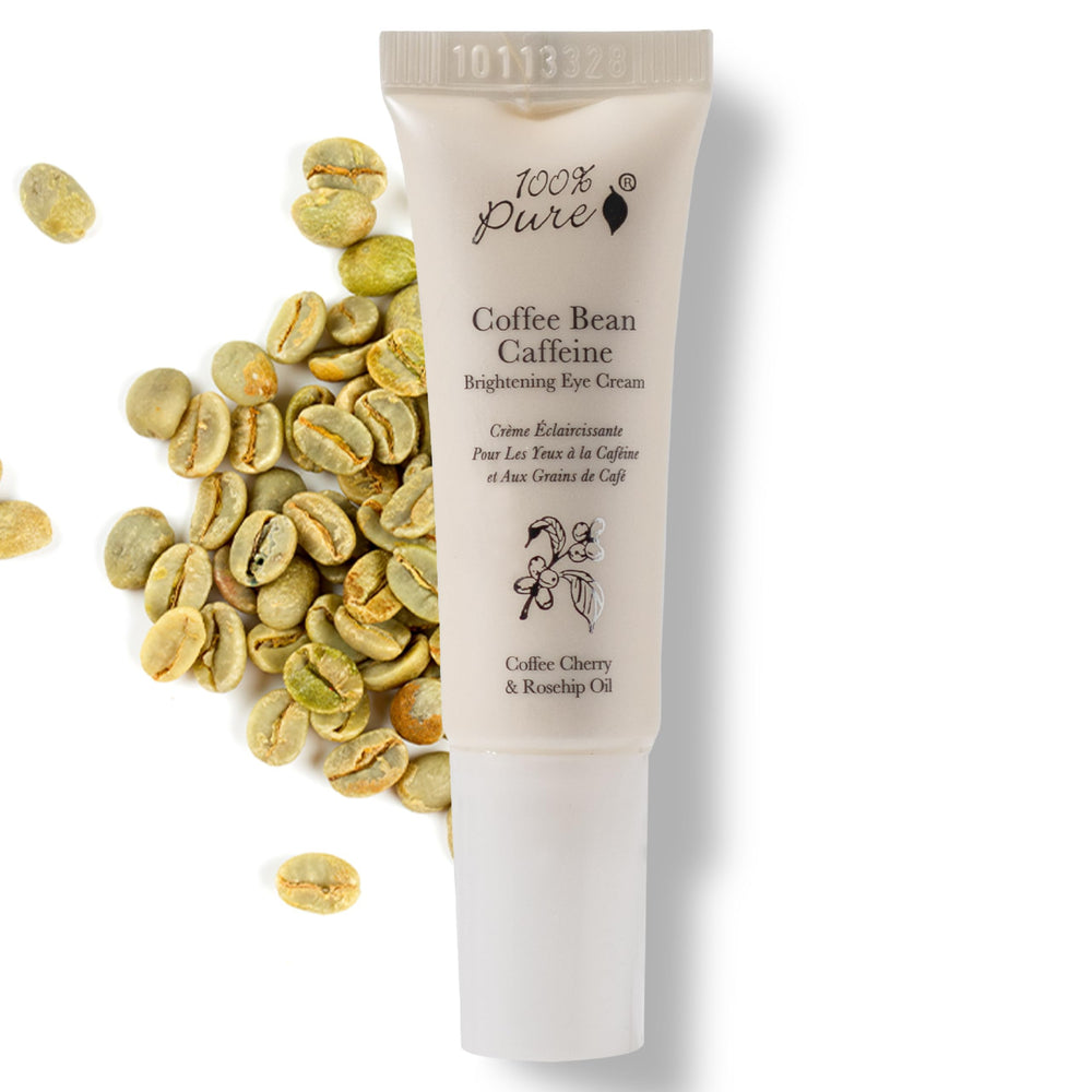 100% PURE Crema de ojos con cafeína, envase compacto para viaje.
