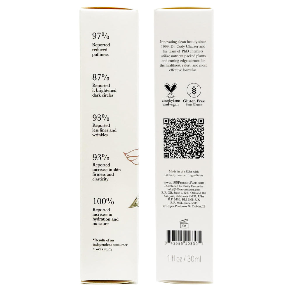 Crema de ojos de 100% PURE hecha en Estados Unidos.