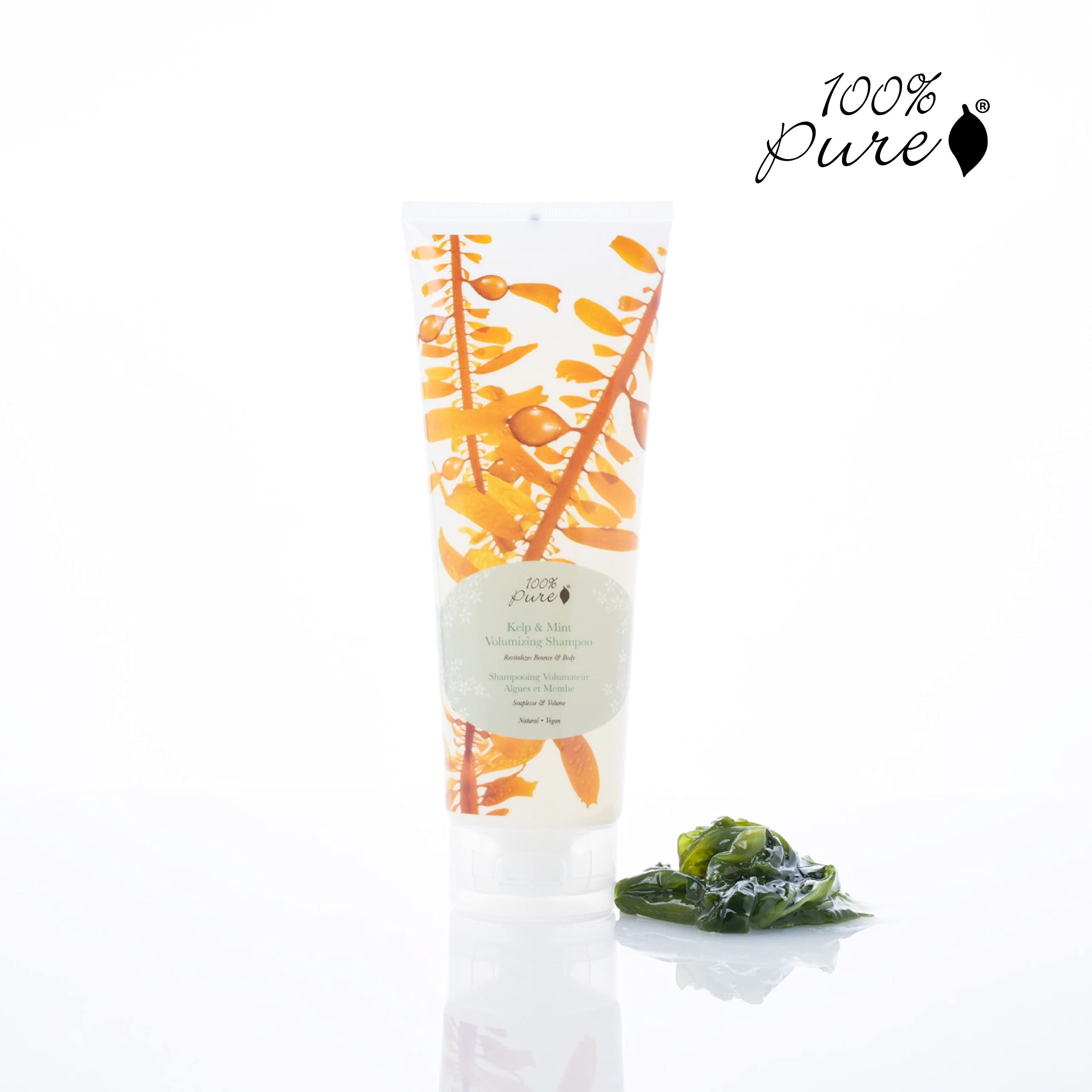 Champú 100% Pure kelp-menta, aporta brillo y textura natural.