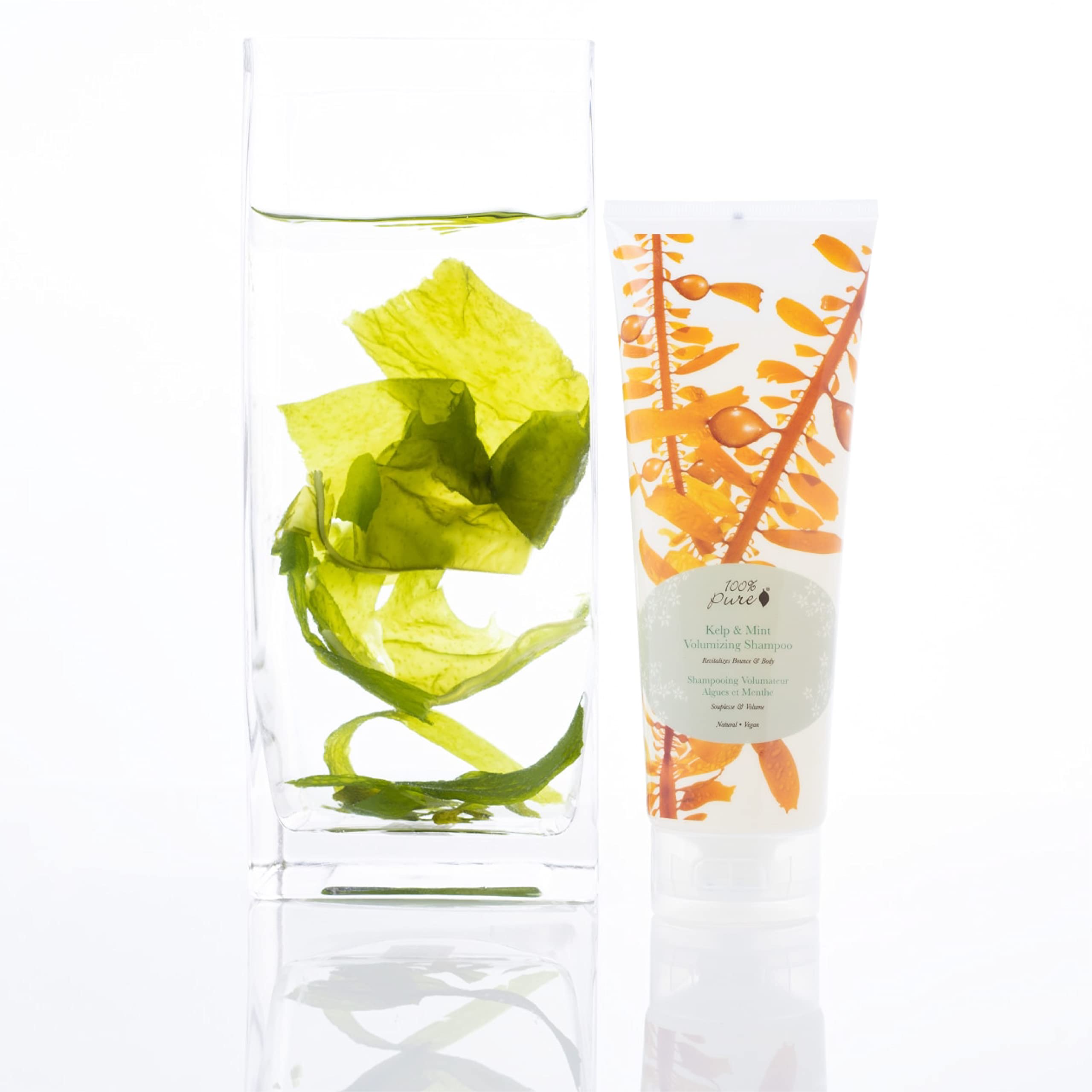 Champú 100% Pure kelp-menta, ingredientes clave que realzan volumen y brillo.