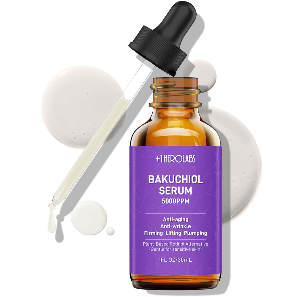 1HEROLABS Bakuchiol serum bottle glows, highlighting hydration and smooth skin potential.