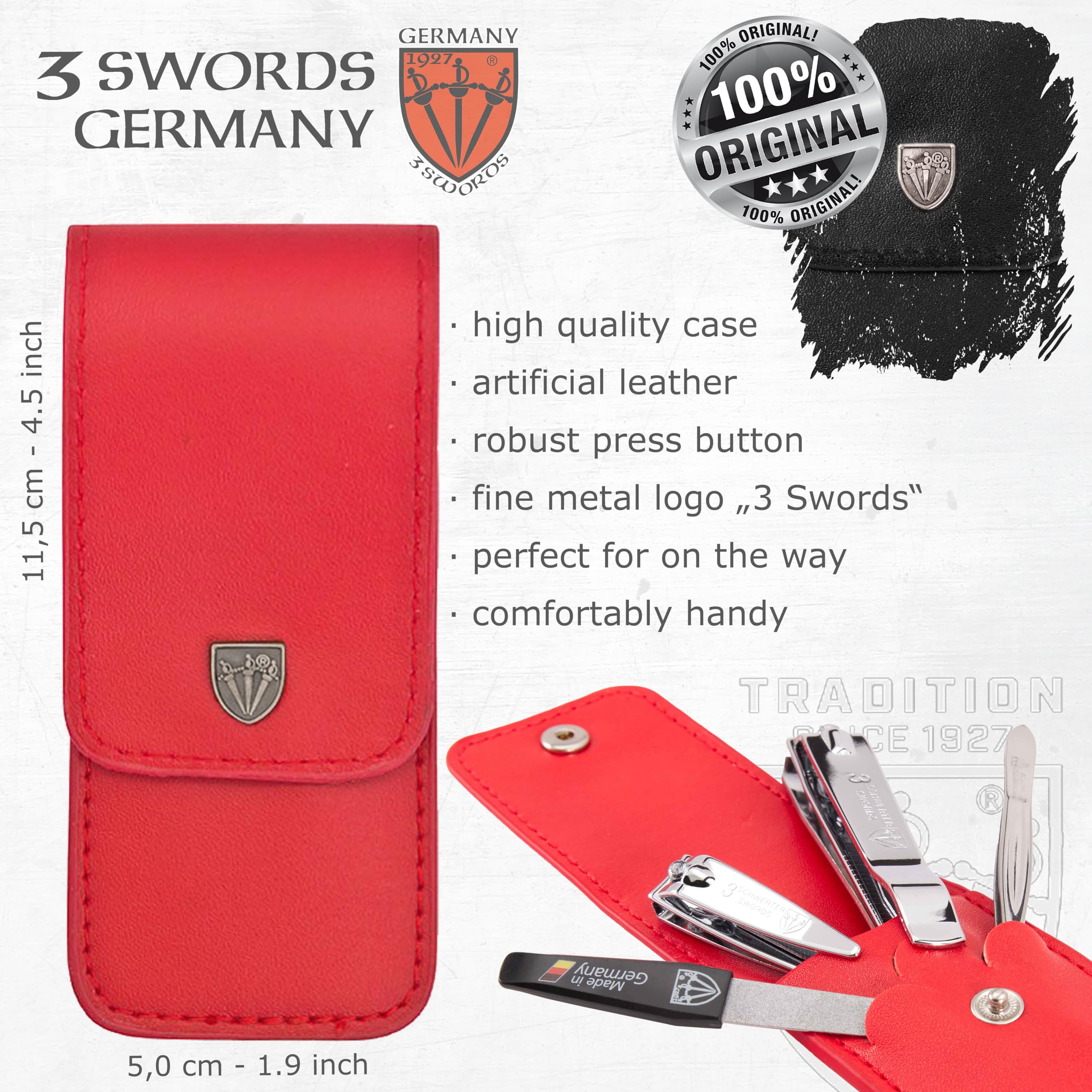 3 Swords Germany estuche cuero sintético rojo, organización elegante.