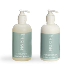 39° North: bouteilles shampoing et apres-shampooing eucalyptus lavande, hydratation quotidienne.