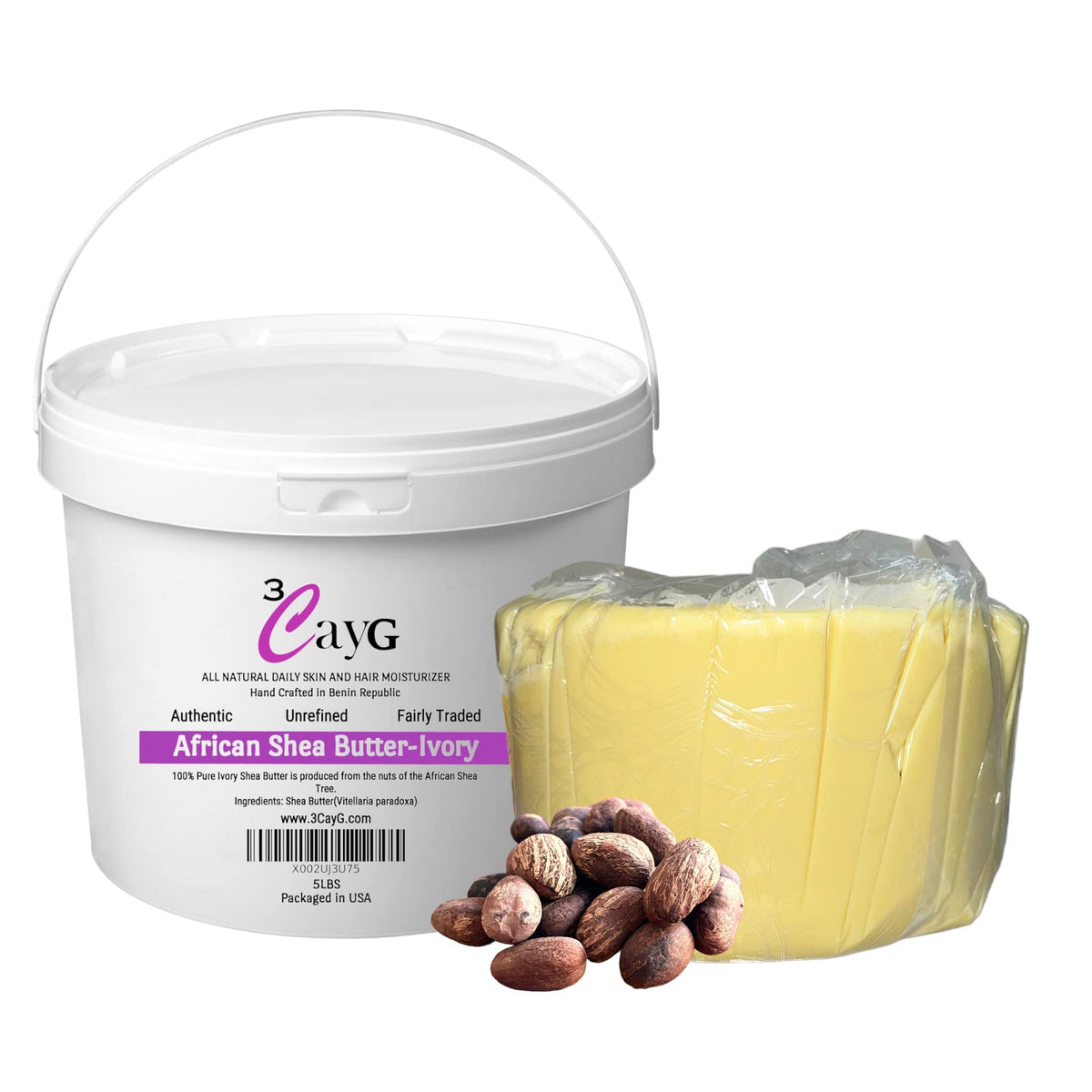3CAYG manteca de karité cruda en envase de 5 lb para uso directo en piel.